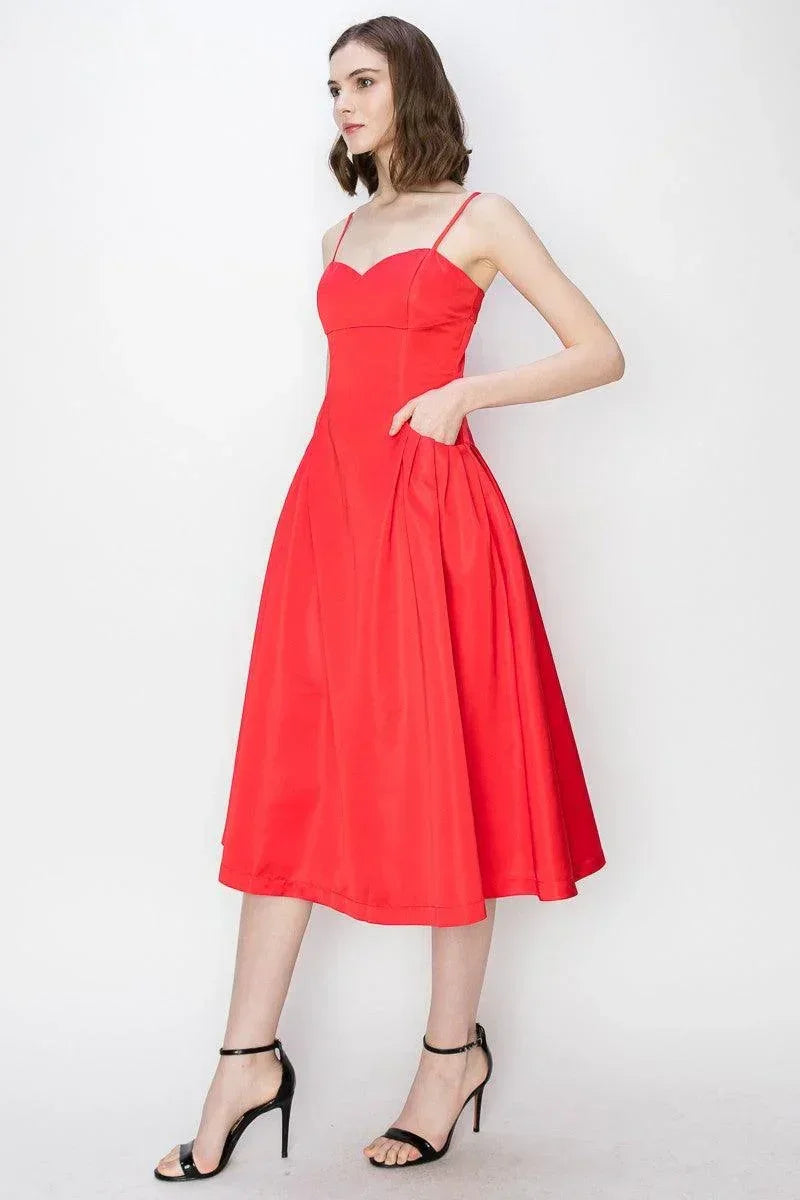 Skye's Satin Sleeveless Pleated Pocket Design Midi Dress