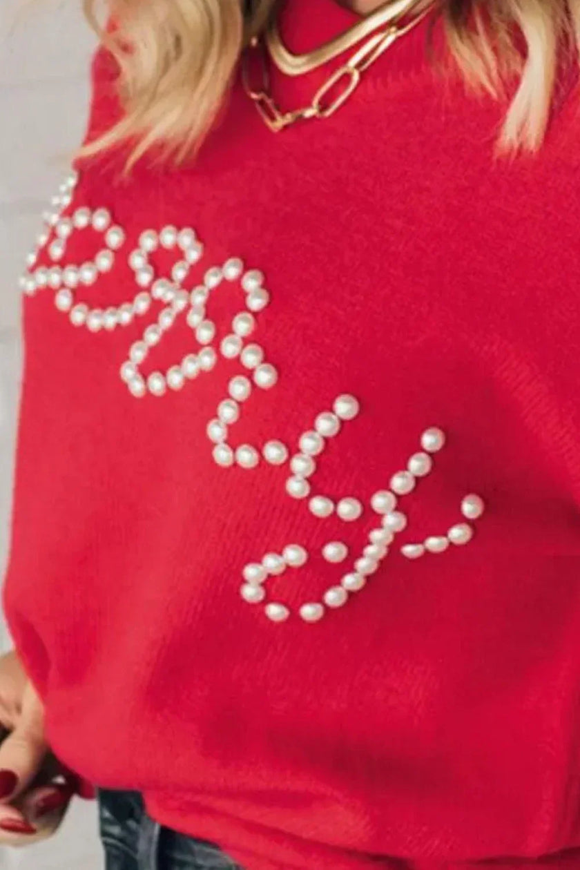 Letter Pearl Detail Round Neck Long Sleeve Sweater - Cape Cod Fashionista