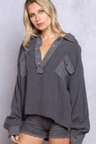 POL Texture Half Button Long Sleeve Top - Cape Cod Fashionista