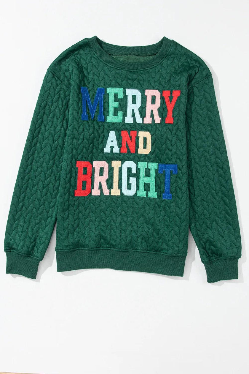 Full Size MERRY AND BRIGHT Cable Knit Pullover Sweatshirt - Cape Cod Fashionista