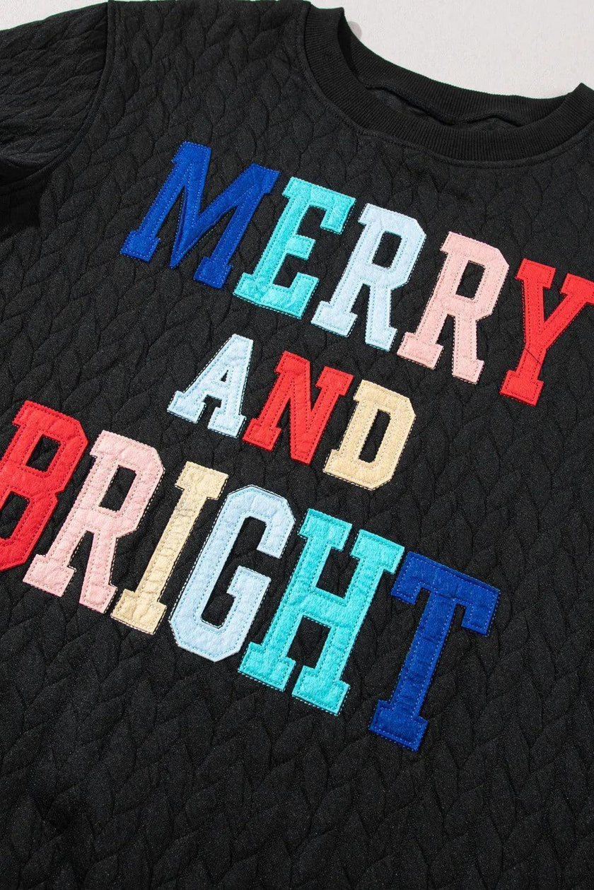 Full Size MERRY AND BRIGHT Cable Knit Pullover Sweatshirt - Cape Cod Fashionista