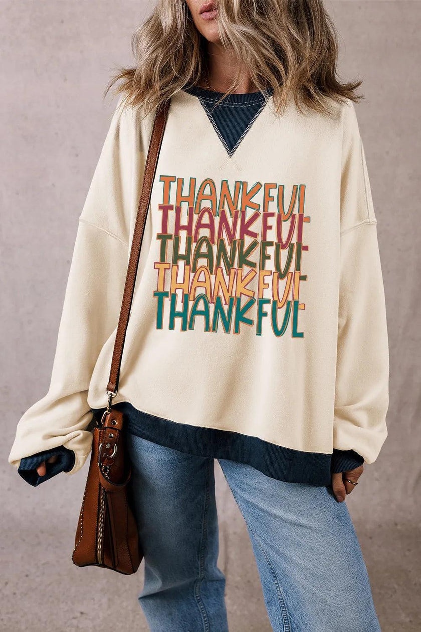 THANKFUL Round Neck Long Sleeve Sweatshirt - Cape Cod Fashionista