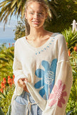 POL Distressed Flower V-Neck Dropped Shoulder Knit Top - Cape Cod Fashionista