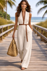 Women’s Belted Sleeveless Wide Leg Vacation Jumpsuit