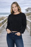 women black cropped cable knit sweater casual fall outfit front view