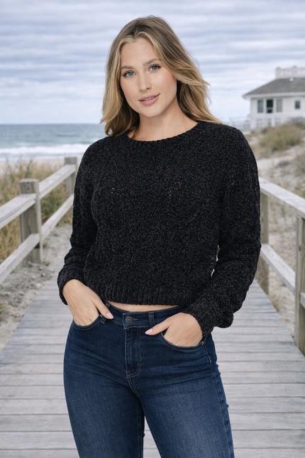 women black cropped cable knit sweater casual fall outfit front view