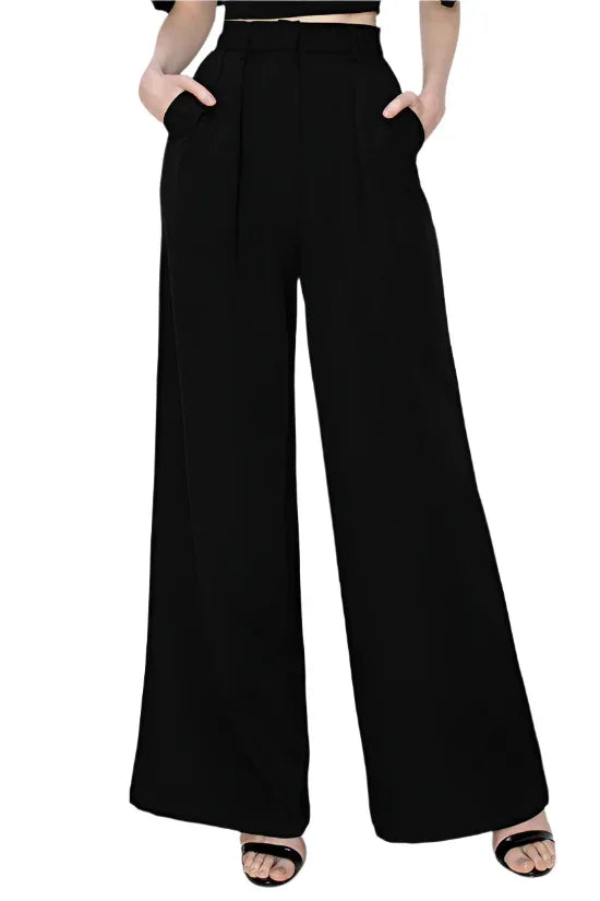woman black dress pants wide leg high waist evening outfit


