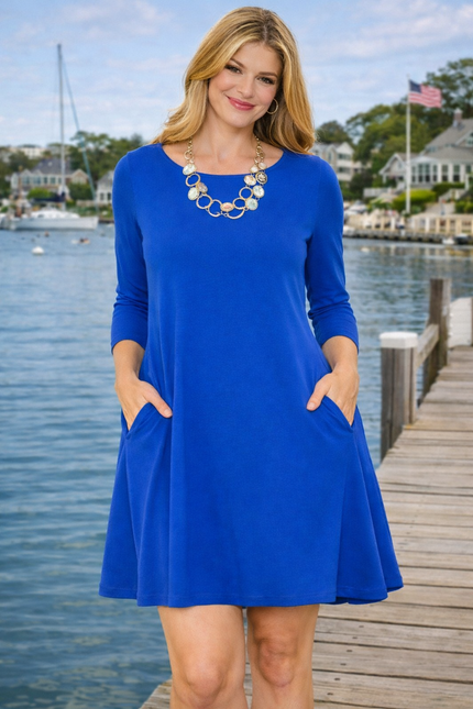 women royal blue knit A-line dress office outfit