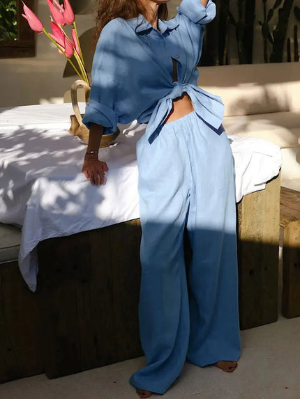 women blue cotton two piece set wide leg pants vacation outfit front view