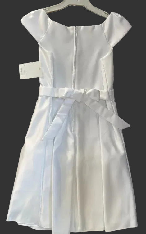Girls White Communion Dress Short Satin Flower Girl Dress Cap Sleeve with Bow