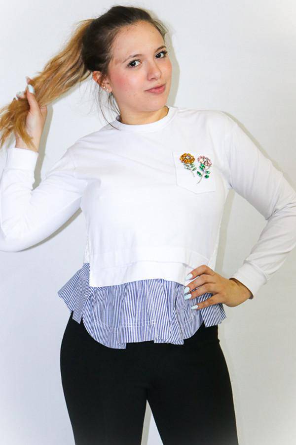 BY NANCY HAND EMBROIDERED CRYSTALS SWEATSHIRT FAUX COTTON SHIRT HEM