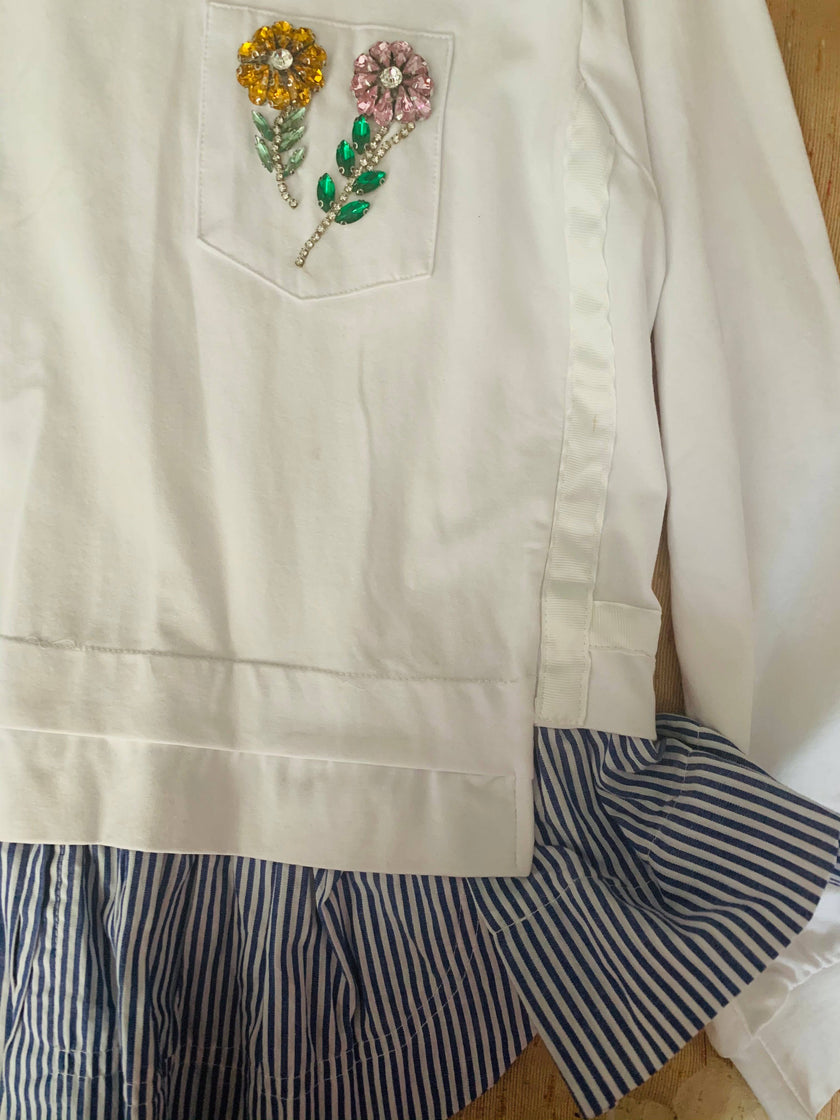 BY NANCY HAND EMBROIDERED CRYSTALS SWEATSHIRT FAUX COTTON SHIRT HEM
