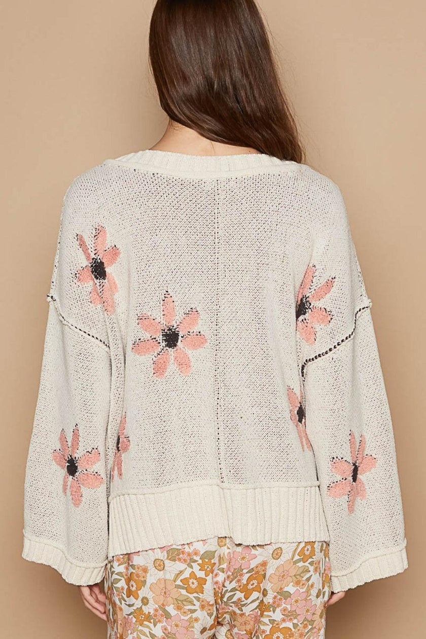 POL V-Neck Floral Pattern Chenille Sweater - Cape Cod Fashionista