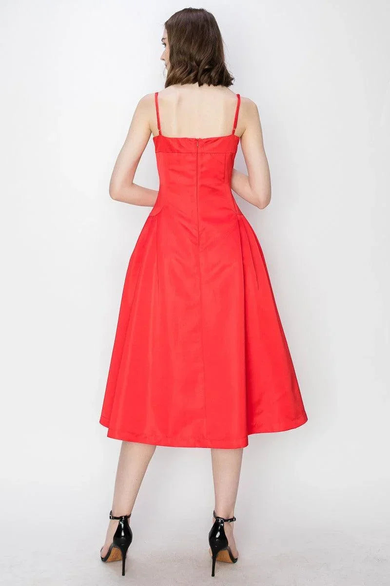 Skye's Satin Sleeveless Pleated Pocket Design Midi Dress