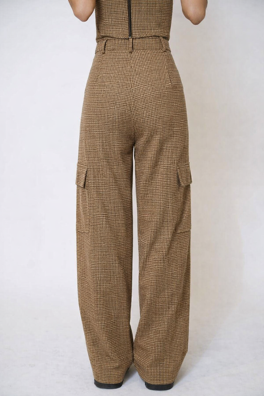 women camel plaid trousers tailored cargo side view