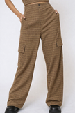 women camel plaid cargo pants high rise straight leg front view