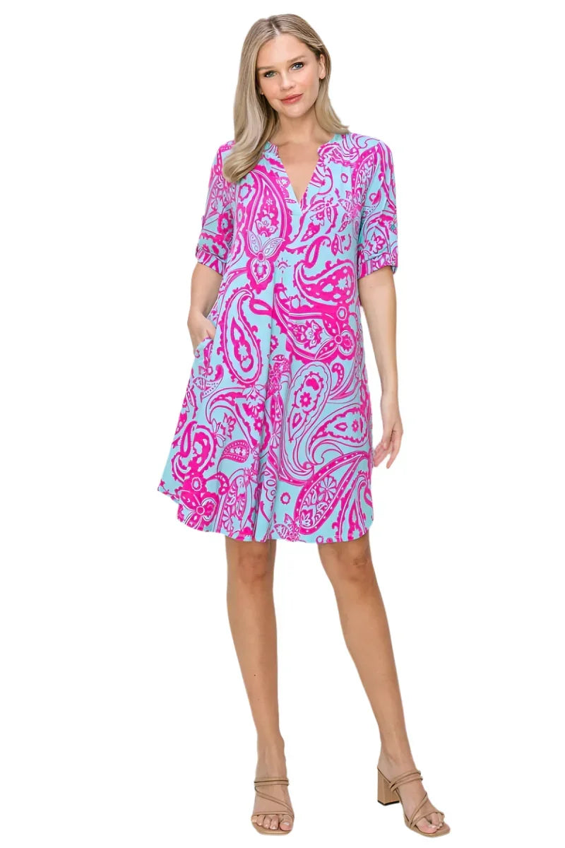 Effortless Elegance: Big Paisley Print Roll-Up Sleeve Jersey Dress