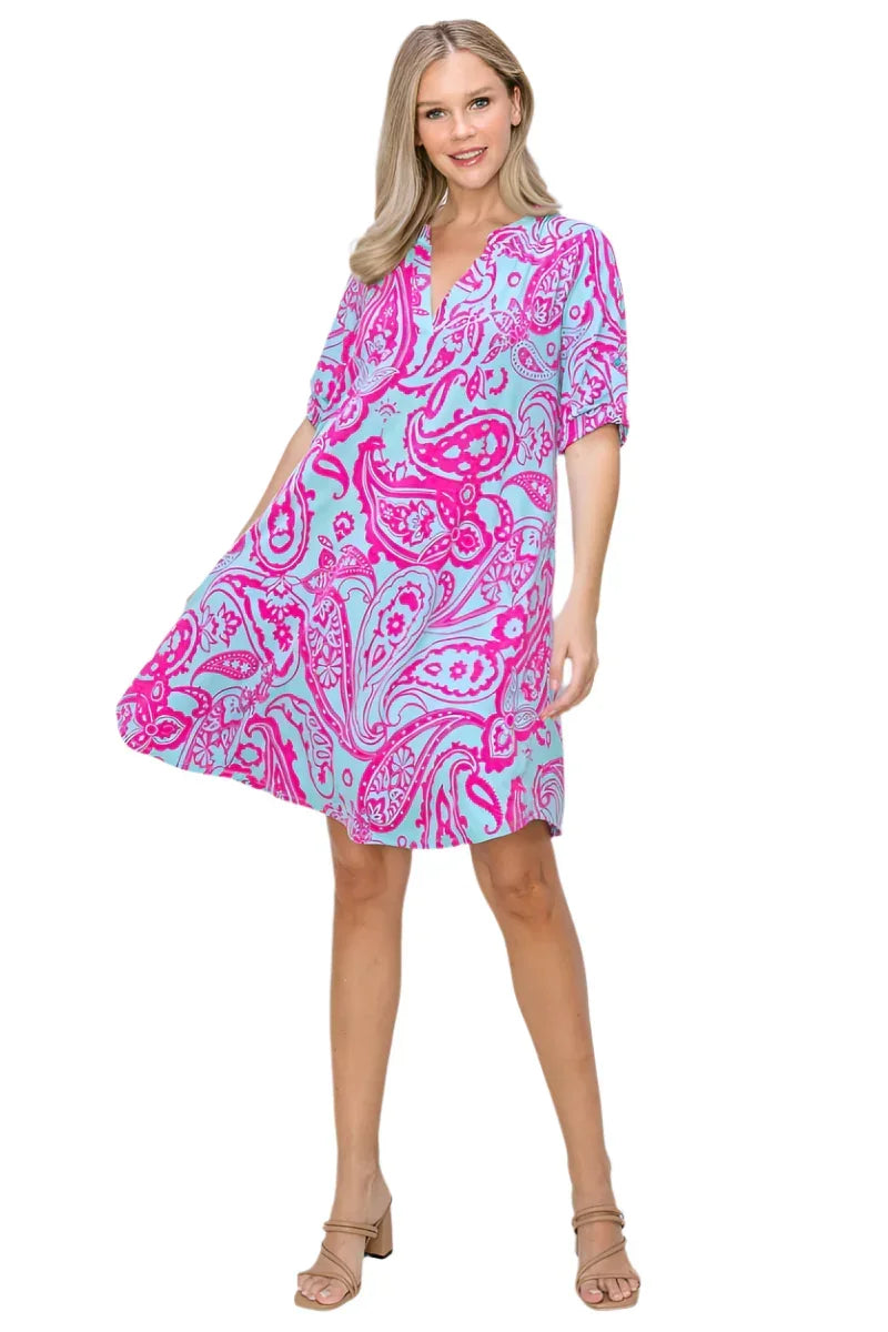 Effortless Elegance: Big Paisley Print Roll-Up Sleeve Jersey Dress