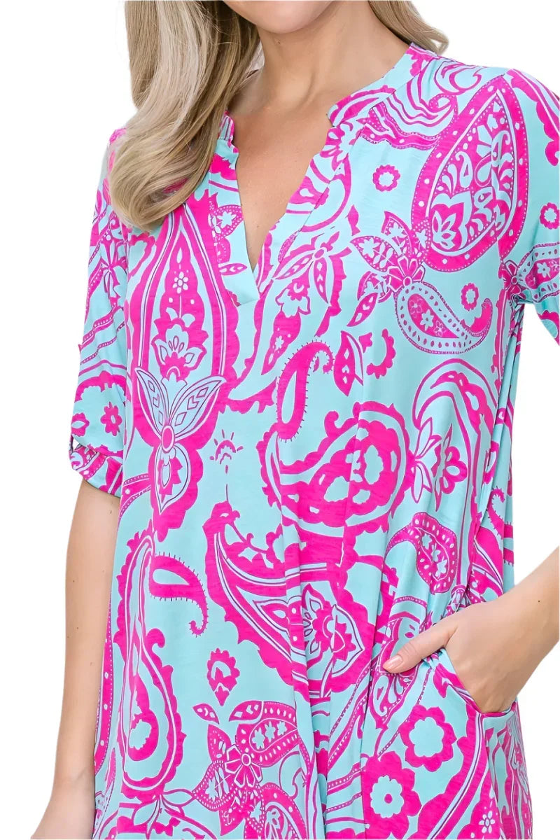 Effortless Elegance: Big Paisley Print Roll-Up Sleeve Jersey Dress