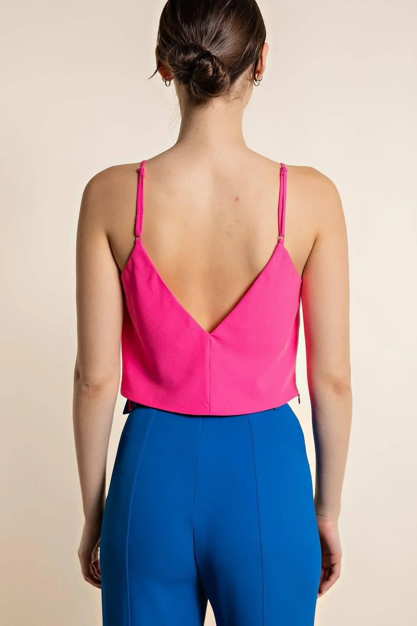 Women’s Long Waist Cowl Neck Crop Top Cami in BARBIE PINK