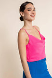 Women’s Long Waist Cowl Neck Crop Top Cami in BARBIE PINK