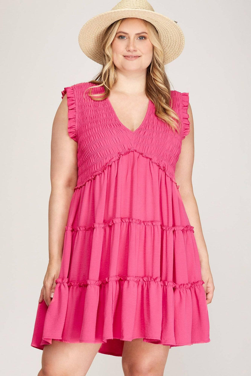 CURVY GIRL BARBIE Pink RUFFLED SLEEVE WOVEN SMOCKED DRESS WITH TIERED SKIRT