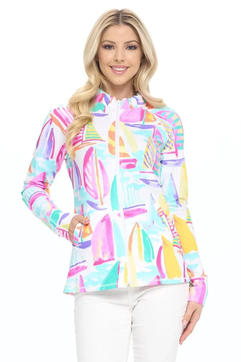 Women's White Sailboat Vacation zip up Jacket