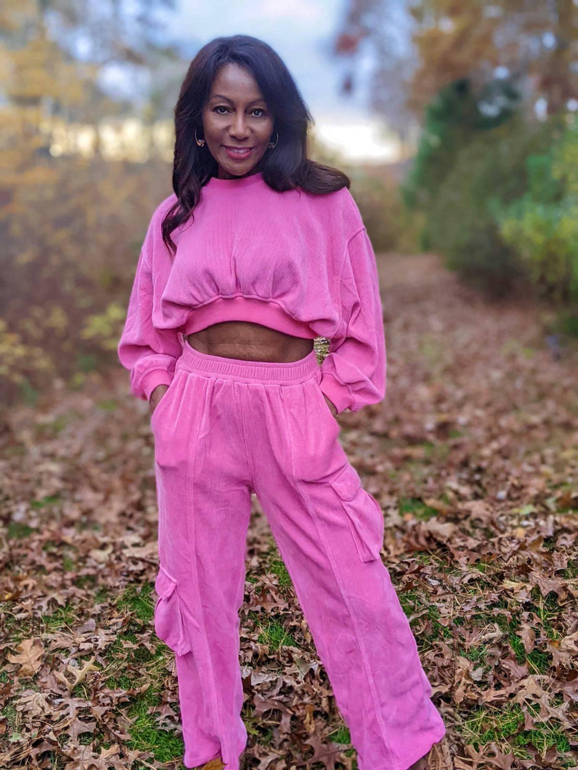 Barbie Pink Long Sleeve Slouchy Corduroy Crop Top- Set