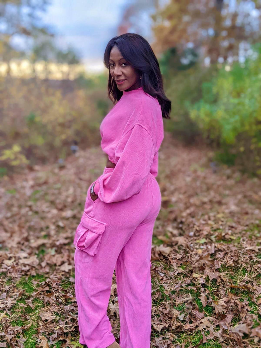 Barbie Pink Long Sleeve Slouchy Corduroy Crop Top- Set