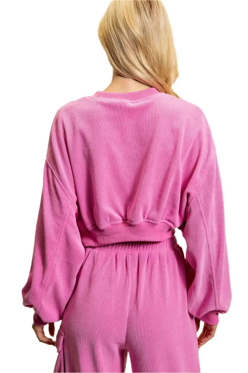 Barbie Pink Long Sleeve Slouchy Corduroy Crop Top- Set