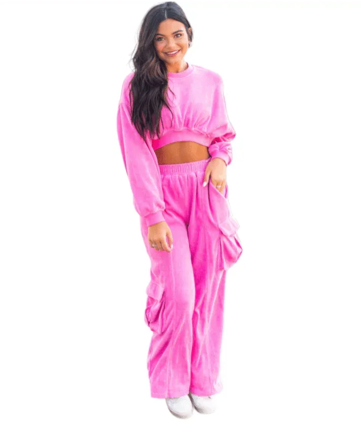 Barbie Pink Long Sleeve Slouchy Corduroy Crop Top- Set
