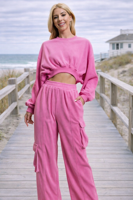 Pink Corduroy Two Piece Set for Women – Slouchy Crop Sweatshirt & Wide Leg Pants