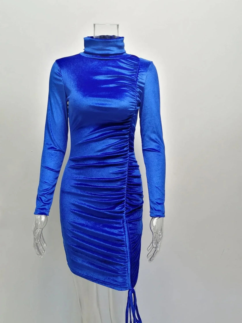 BLUE VELVET DRAWSTRING MINI DRESS