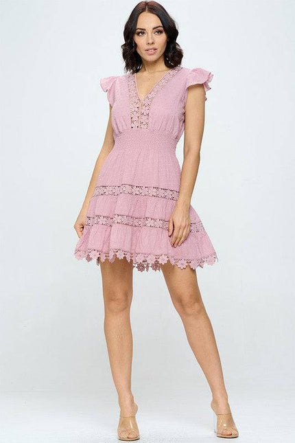Dusty Pink Crochet Lace Tiered Mini Dress