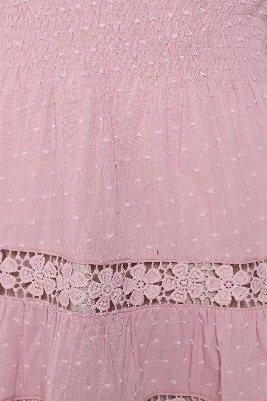 Dusty Pink Crochet Lace Tiered Mini Dress