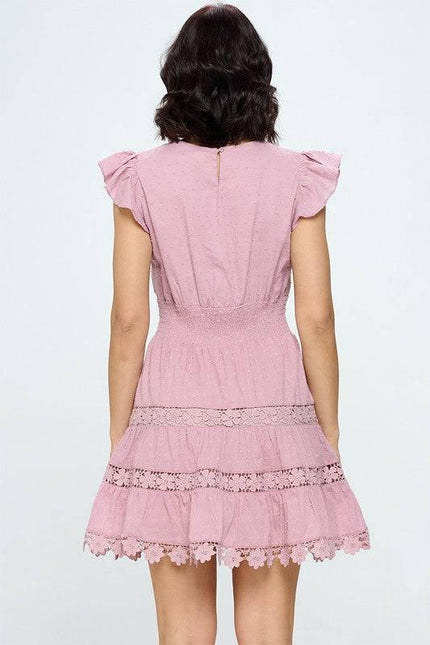 Dusty Pink Crochet Lace Tiered Mini Dress
