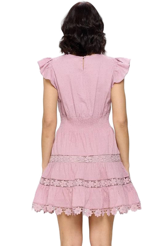 Dusty Pink Crochet Lace Tiered Mini Dress