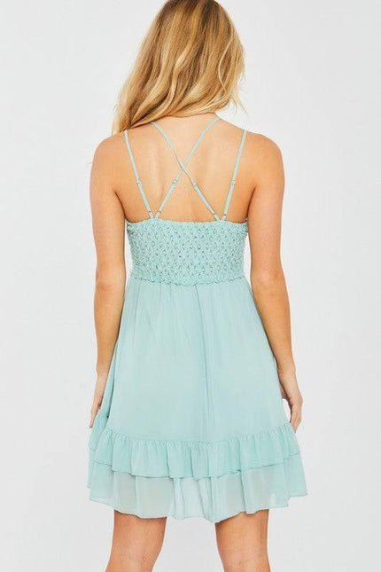 Elegance in Bloom: Mint ruffle & Lace Babydoll Dress
