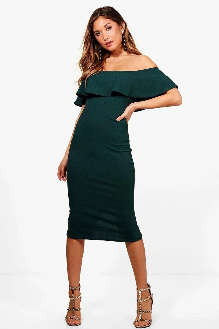 ruffle off the shoulder bodycon dress Bell Sleeve Off Shoulder Ruched Bodycon Dress, White / XS
