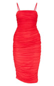 Lady in RED Mesh Ruched Midi Bodycon Dress