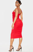 Lady in RED Mesh Ruched Midi Bodycon Dress