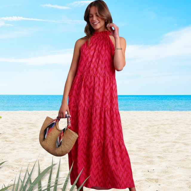 Malibu Chevron Tiered Halter Vacation Midi Dress