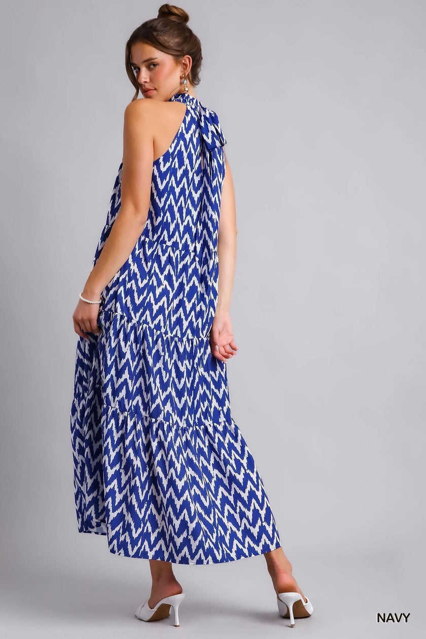 Malibu Chevron Tiered Halter Vacation Midi Dress MEDIUM / Blue Malibu Chevron Tiered Halter Vacation Midi Dress MEDIUM / Blue