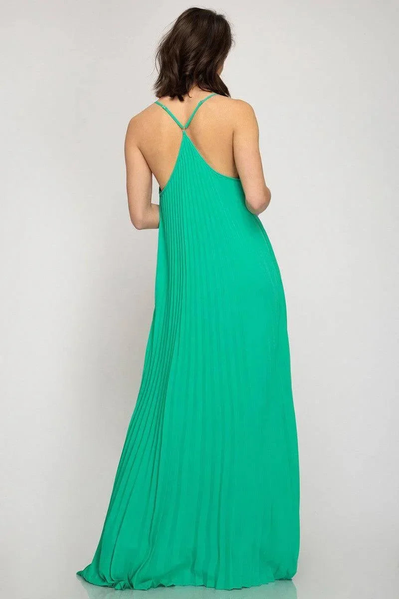 OCEAN GREEN PLEATED CAMI MAXI VACATION DRESS