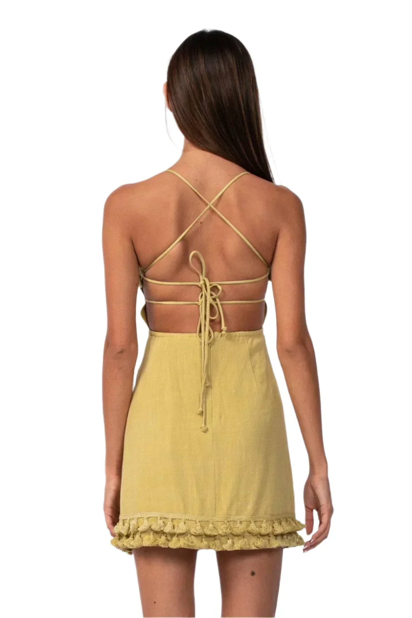 RUFFLE ME Josie Crossback Linen Tassel Vacation Dress