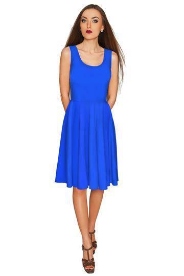 WOMEN's ROYAL BLUE STRETCH SLEEVELESS FIT & FLARE MIDI DRESS