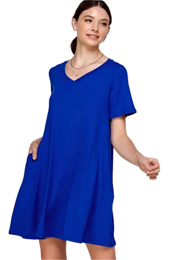 WOMEN'S SHORT SLEEVE STRETCH TEE SHIRT DRESS WITH POCKETS