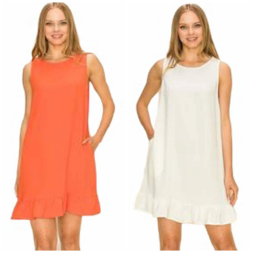 Sleeveless shift dress with ruffled hem & pockets