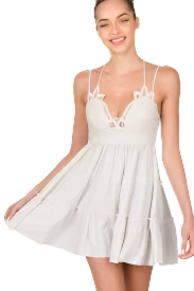 IVORY CROCHET LACE RUFFLE CAMI DRESS