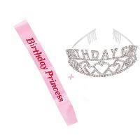 BIRTHDAY GIRL RHINESTONE TIARA PRINCESS AND PINK SASH